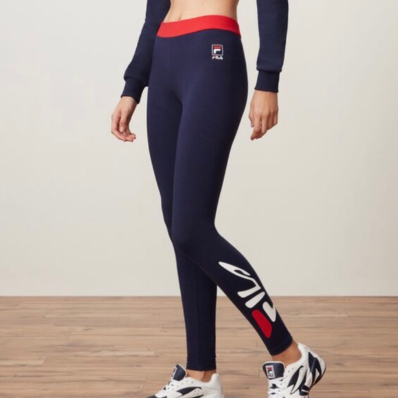 Women's FILA Madison Navy Blue Red Logo Leggings - Picture 1 of 3